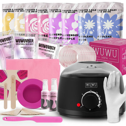 Waxing Kit 69 items - WUWUVISTA Hair Removal Hard Wax kit with Wax Warmer, Wax Beads for Face/Brazilian/Body/Sensitive Skin - Renee Lane Company