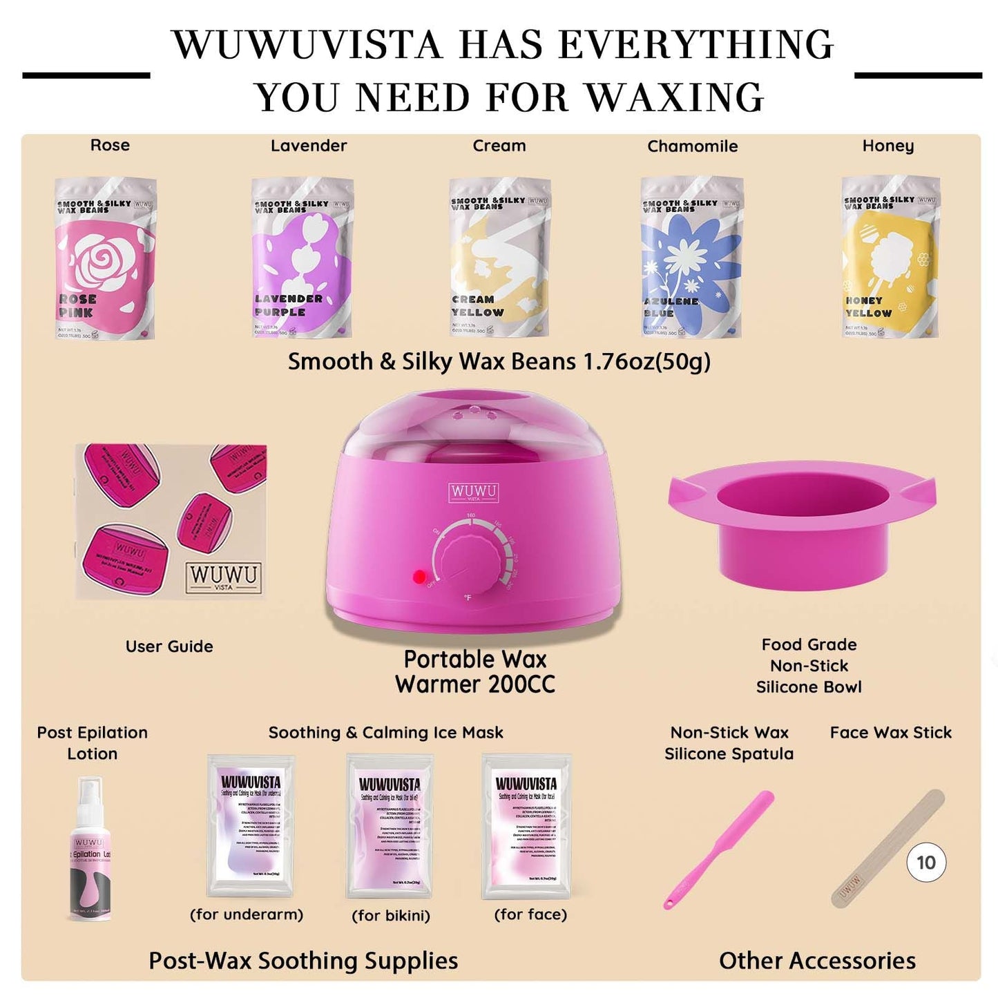 Waxing kit 23 items, WUWUVISTA Hair Removal Hard Wax Kit with Wax Warmer&Wax Beads for Full Body/Face/Underarm/Bikini/Sensitive Skin for Women&Men - Renee Lane Company