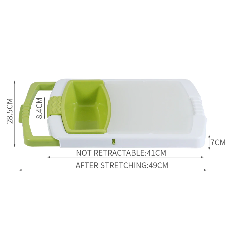 Green and white plastic chopping board with raised ridged drain insert