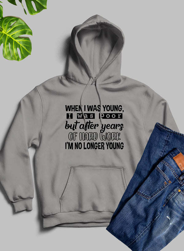 Gray hoodie with hood, kangaroo pocket, and bold chest graphic text.