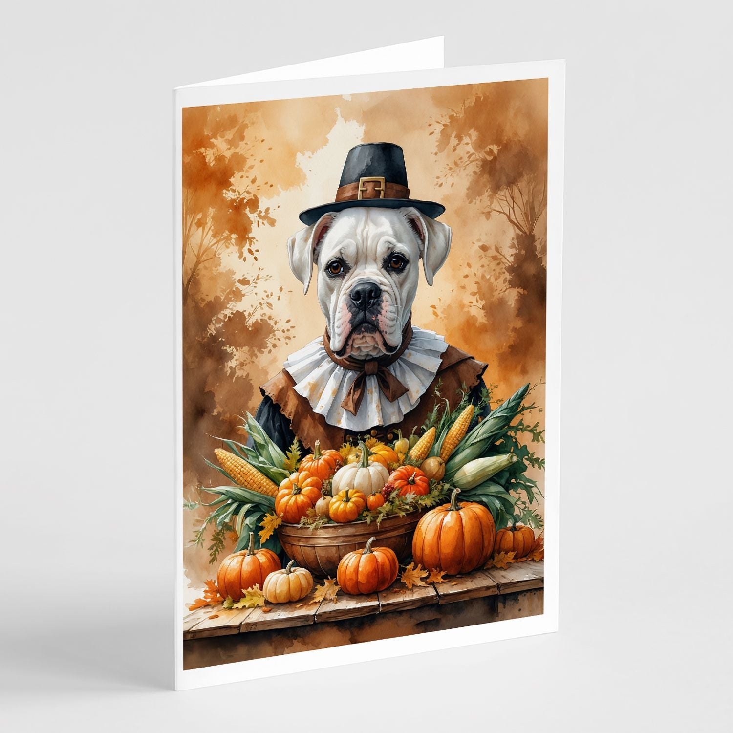 White Boxer Thanksgiving Greeting Cards Pack of 8 Blank Cards with Envelopes Whimsical A7 Size 5x7 - Renee Lane Company