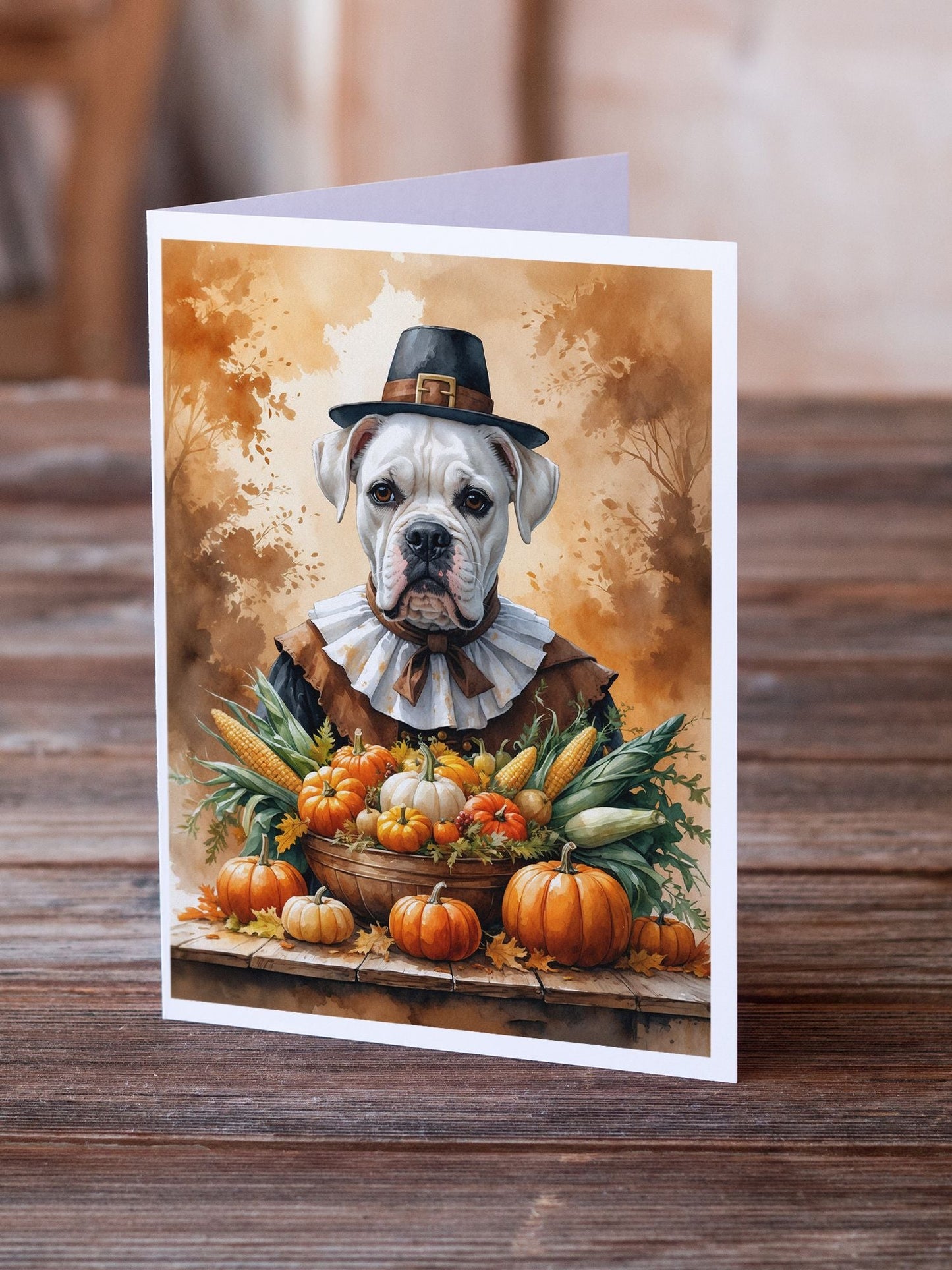White Boxer Thanksgiving Greeting Cards Pack of 8 Blank Cards with Envelopes Whimsical A7 Size 5x7 - Renee Lane Company
