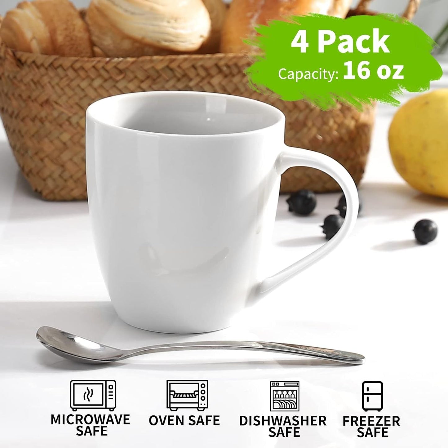 White Coffee Mugs Set of 4, 16 Ounce Mug with Handles, Ceramic Coffee Cups, Porcelain Mugs Sets, Large Coffee Mugs for Coffee, Tea, Hot Cocoa, Milk, Microwave and Dishwasher Safe - Renee Lane Company