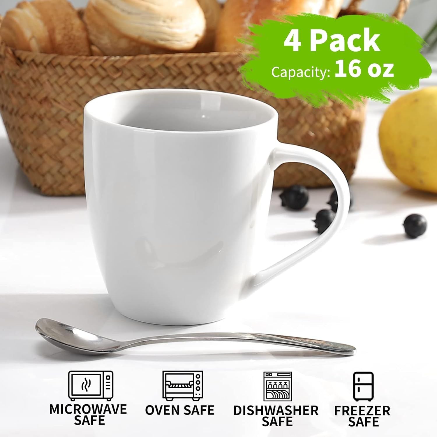 White Coffee Mugs Set of 4, 16 Ounce Mug with Handles, Ceramic Coffee Cups, Porcelain Mugs Sets, Large Coffee Mugs for Coffee, Tea, Hot Cocoa, Milk, Microwave and Dishwasher Safe - Renee Lane Company