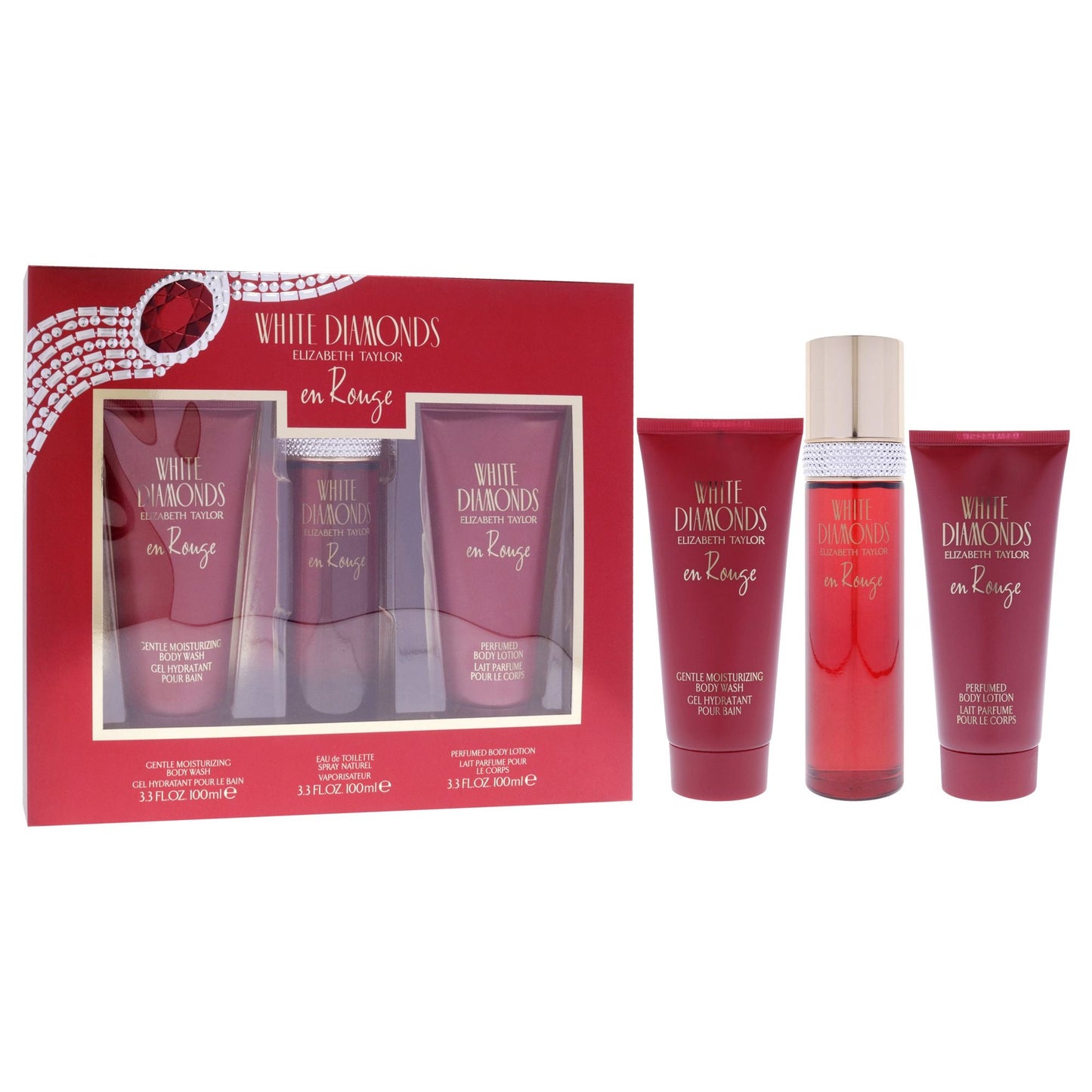 White Diamonds En Rouge by Elizabeth Taylor for Women - 3 Pc Gift Set 3.3oz EDT Spray, 3.3oz Body Lotion, 3.3oz Body Wash - Renee Lane Company