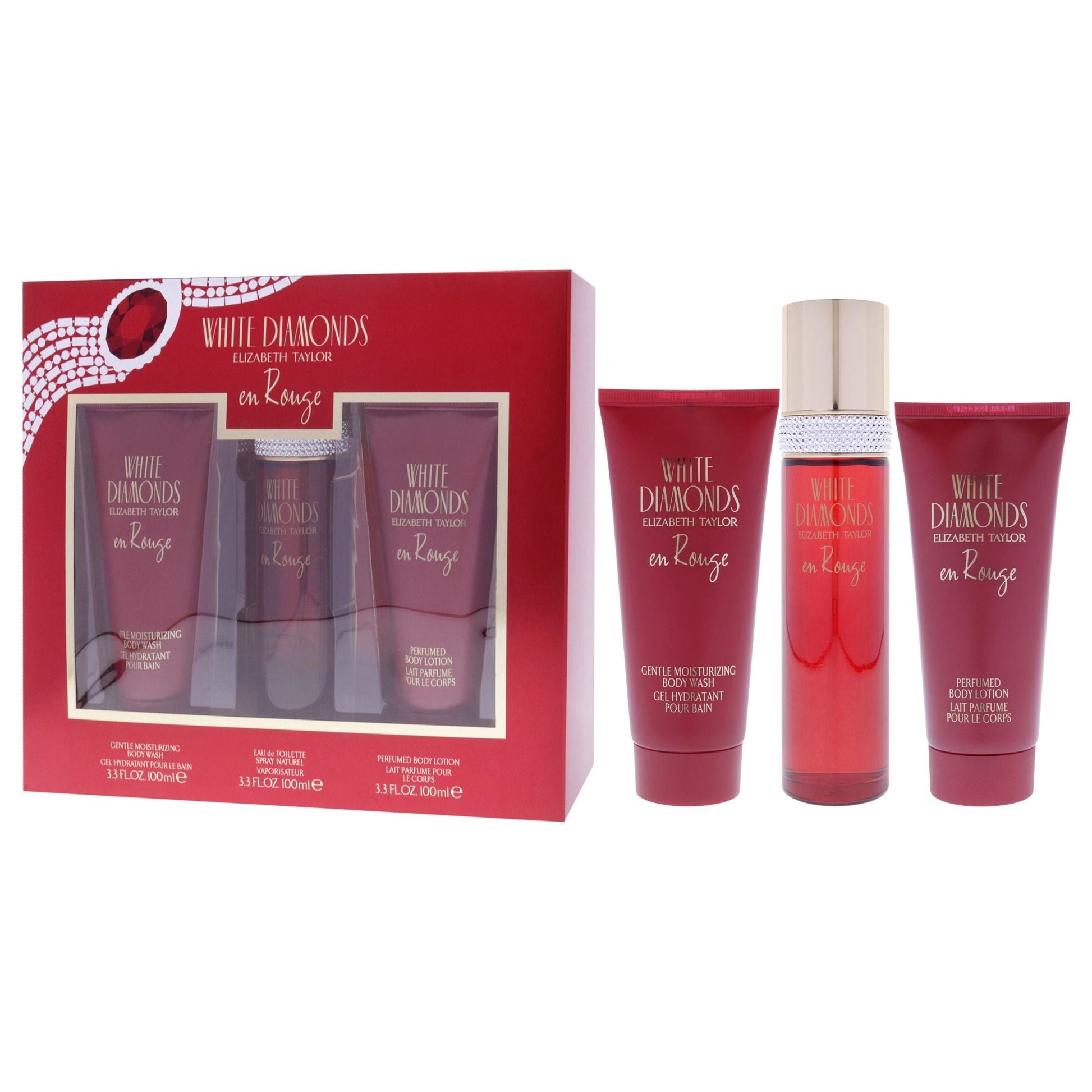 White Diamonds En Rouge by Elizabeth Taylor for Women - 3 Pc Gift Set 3.3oz EDT Spray, 3.3oz Body Lotion, 3.3oz Body Wash - Renee Lane Company