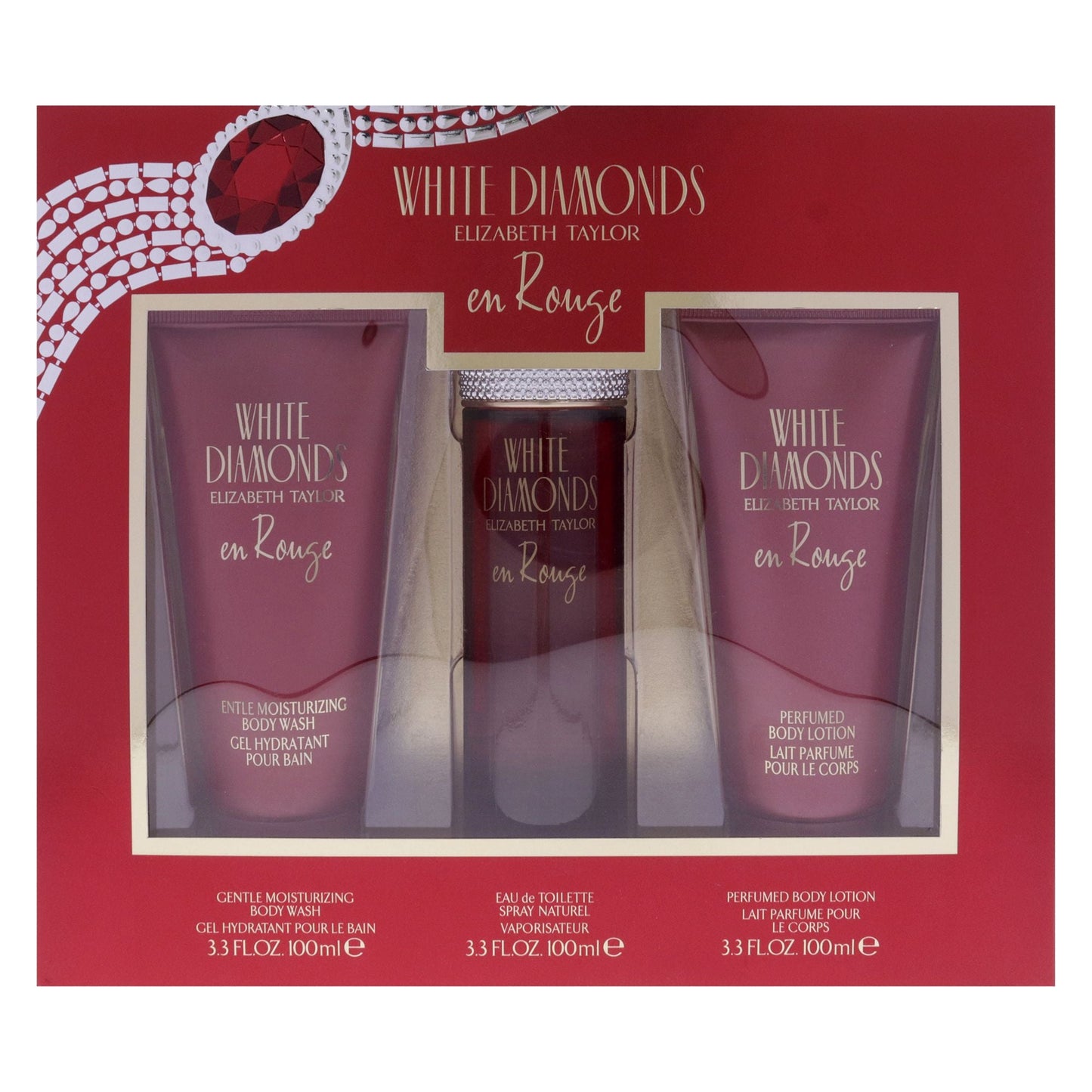 White Diamonds En Rouge by Elizabeth Taylor for Women - 3 Pc Gift Set 3.3oz EDT Spray, 3.3oz Body Lotion, 3.3oz Body Wash - Renee Lane Company
