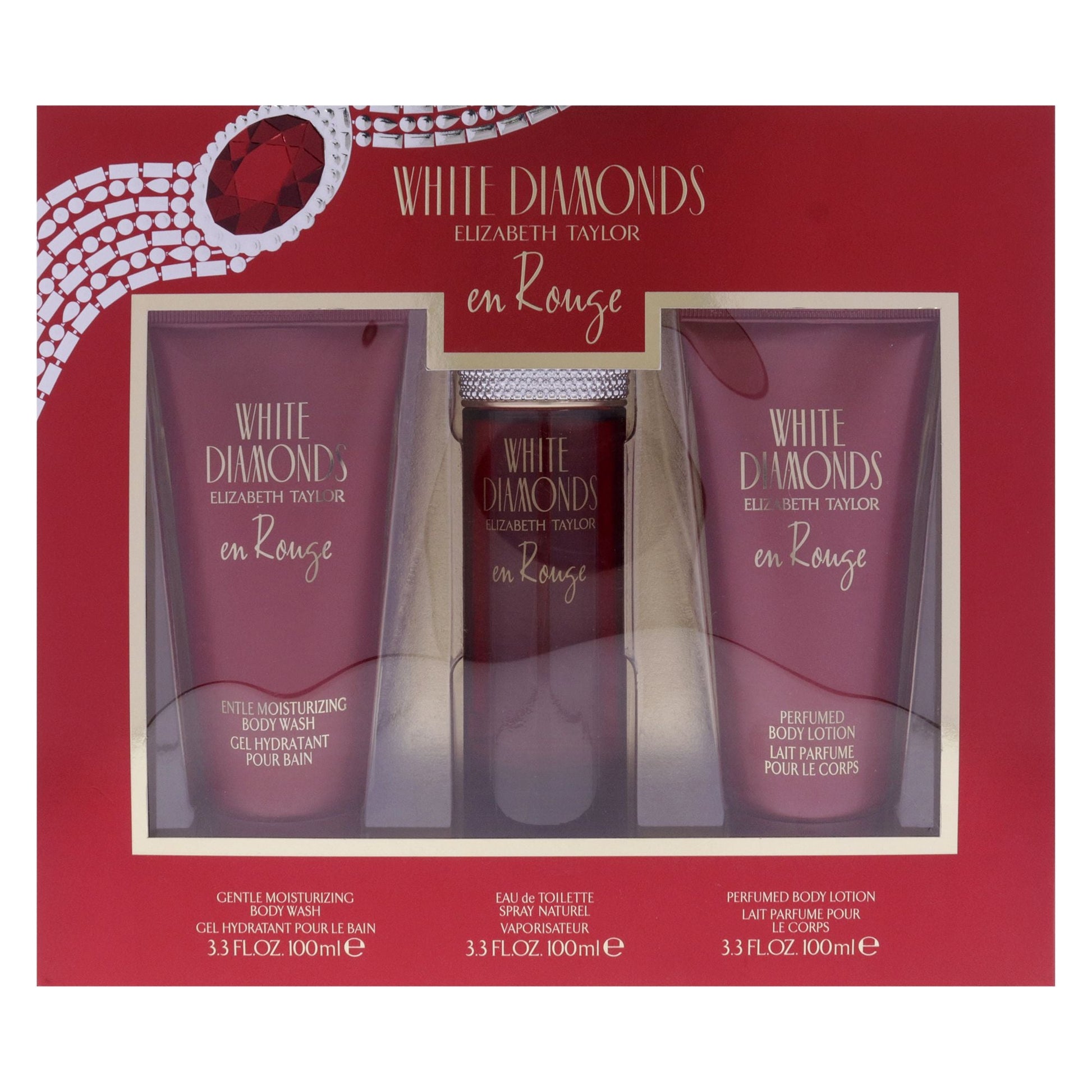 White Diamonds En Rouge by Elizabeth Taylor for Women - 3 Pc Gift Set 3.3oz EDT Spray, 3.3oz Body Lotion, 3.3oz Body Wash - Renee Lane Company