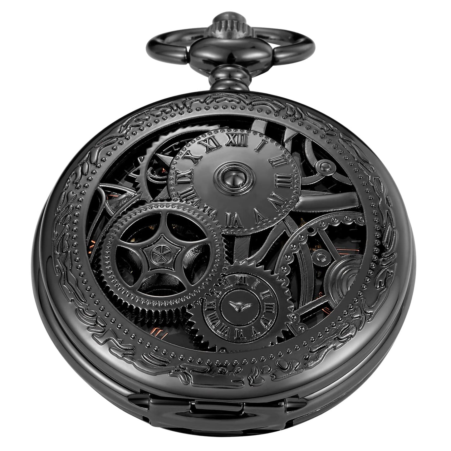 Whodoit Black Gear Double Cover Mens Mechanical Pocket Watch Double Cover Roman Design Dial Chain Mechanical Pocket Watch - Renee Lane Company