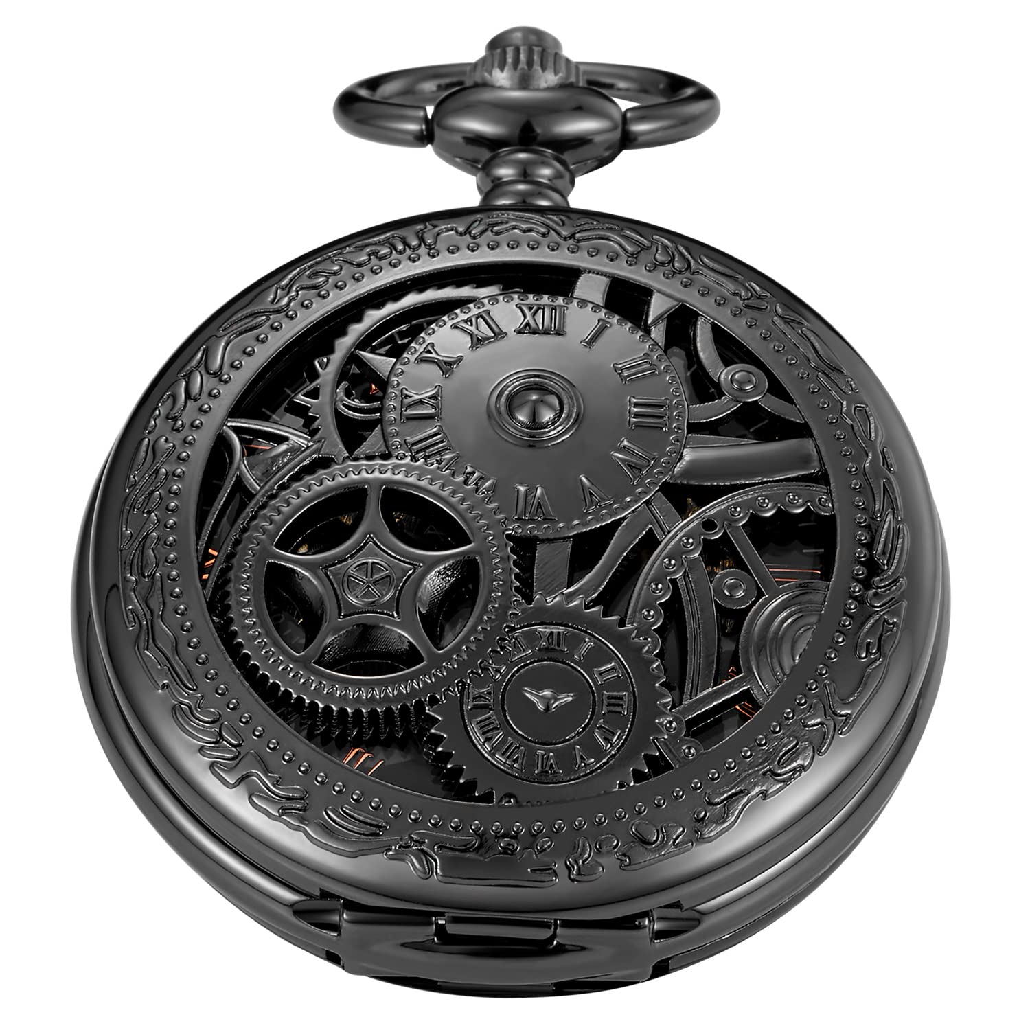 Whodoit Black Gear Double Cover Mens Mechanical Pocket Watch Double Cover Roman Design Dial Chain Mechanical Pocket Watch - Renee Lane Company