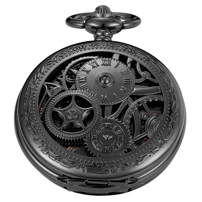 Whodoit Black Gear Double Cover Mens Mechanical Pocket Watch Double Cover Roman Design Dial Chain Mechanical Pocket Watch - Renee Lane Company