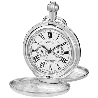 Whodoit Smooth Silver Shield Double Cover Mens Mechanical Pocket Watch Double Cover London Roman Digital Design Dial with Chain for Men - Renee Lane Company