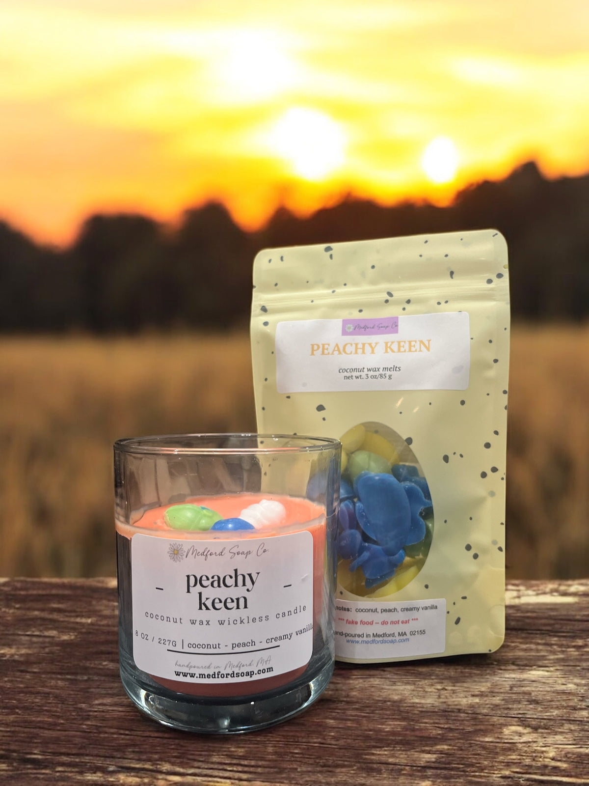 Peachy Keen scented wax wickless candle in glass jar with wax melt cups