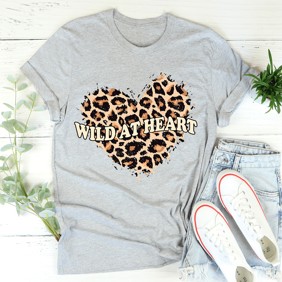 Heather gray crew-neck T-shirt with leopard heart graphic and "Wild At Heart" text