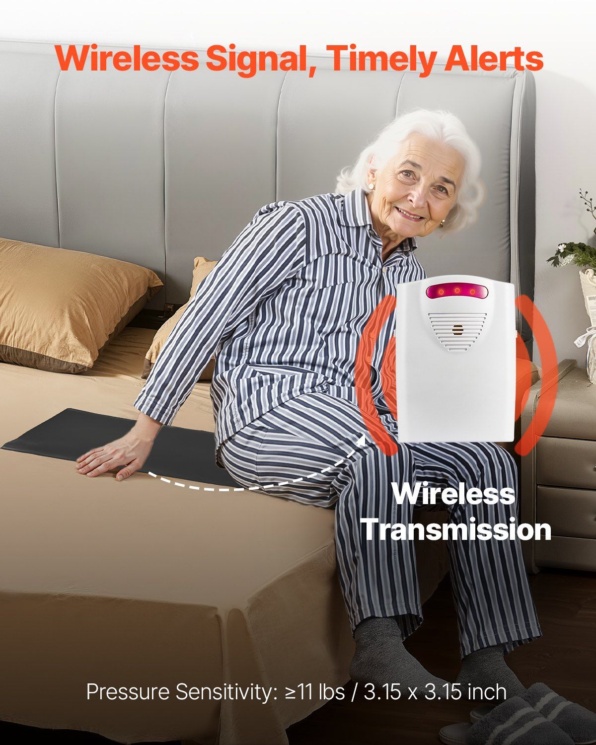 Wireless Bed Alarm System for Elderly - 14x30 Inch Safety Pad with Pager for Home & Hospital Fall Prevention - Renee Lane Company
