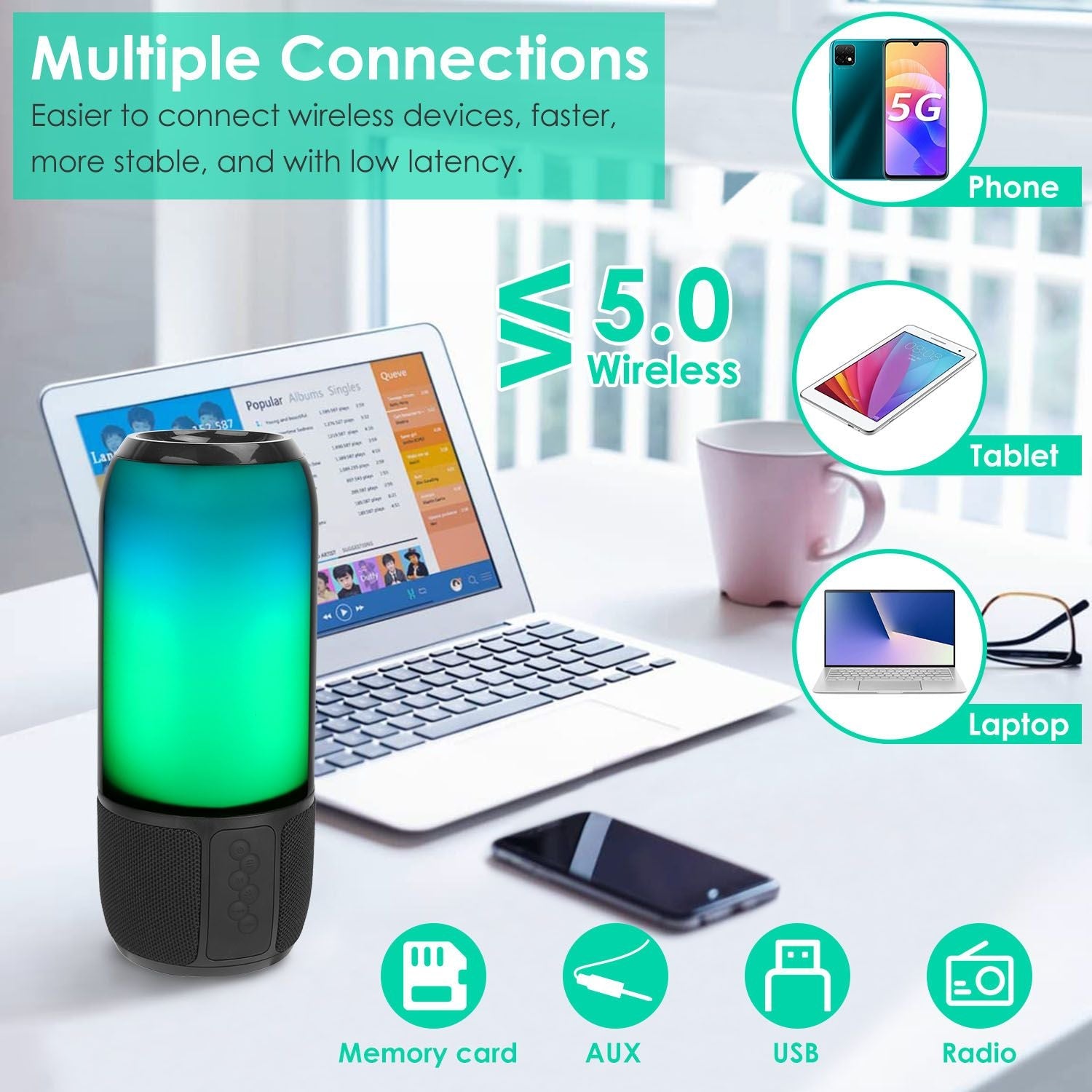 Wireless Portable Speaker Loud Stereo Speaker with 6 Color Changing Lights Radio Party TWS Speaker for Home Outdoor Travelling - Renee Lane Company