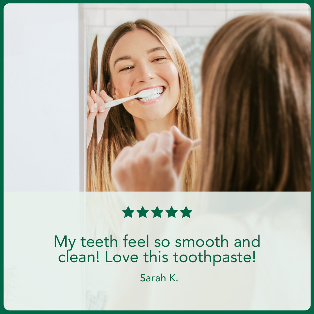 Toothpaste testimonial card with smiling woman brushing and five-star rating