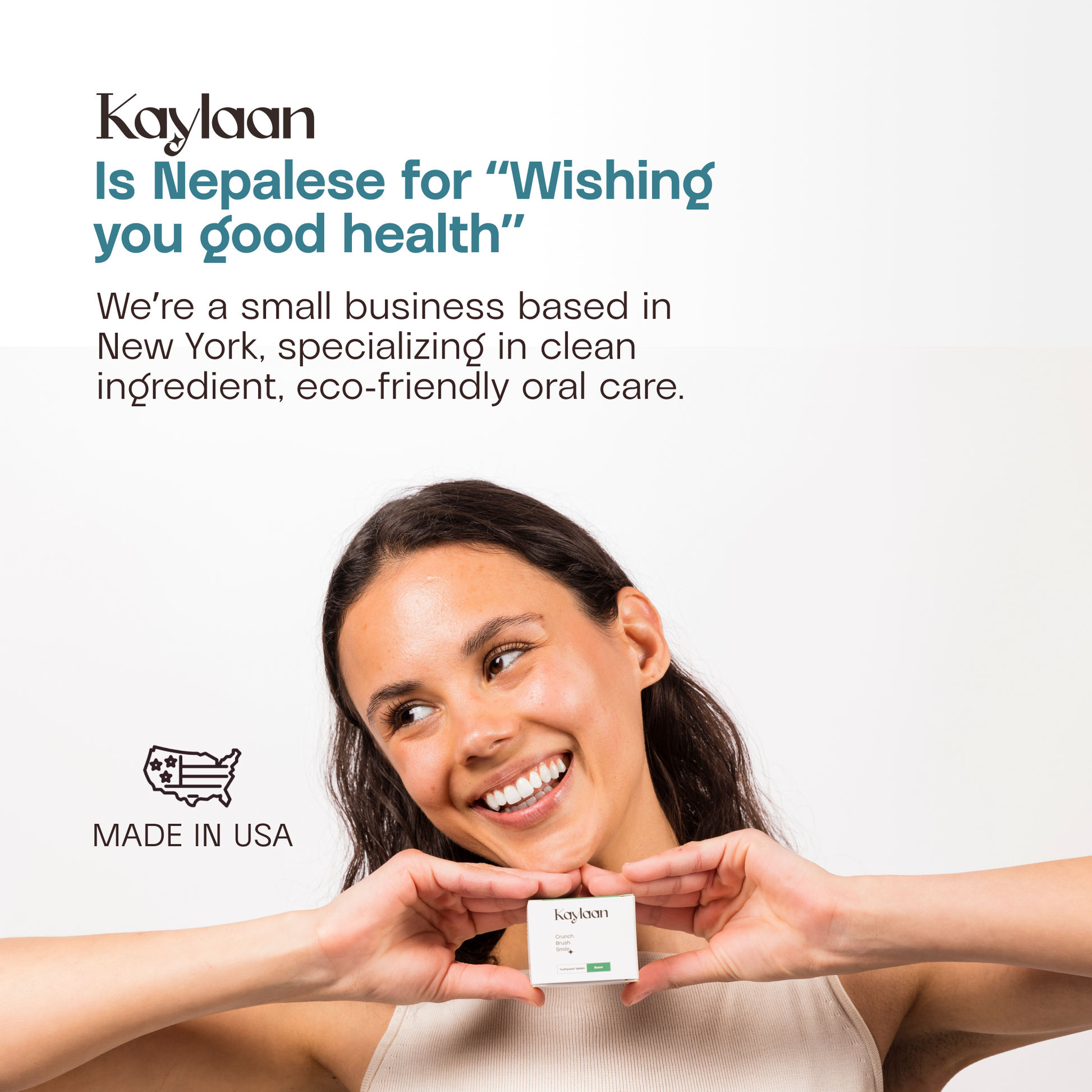 Mouthwash tablets container held by a smiling woman