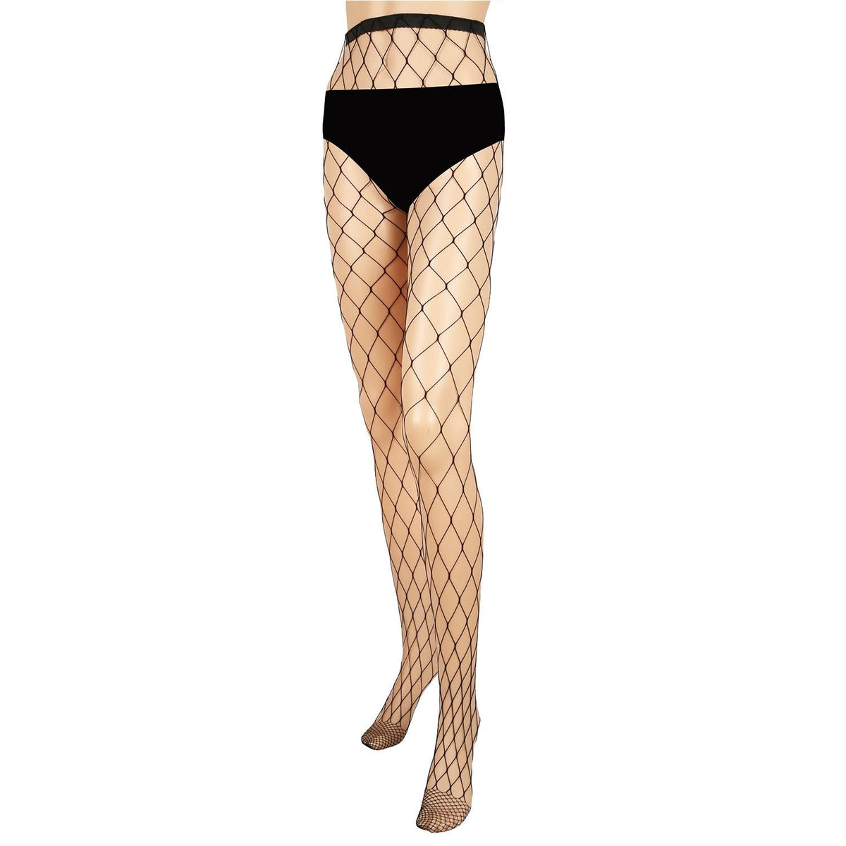 Women’s fishnet tights with black high-waist waistband and diamond mesh, sheer legs