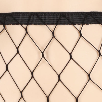 Black waistband and diamond fishnet pattern on sheer tights