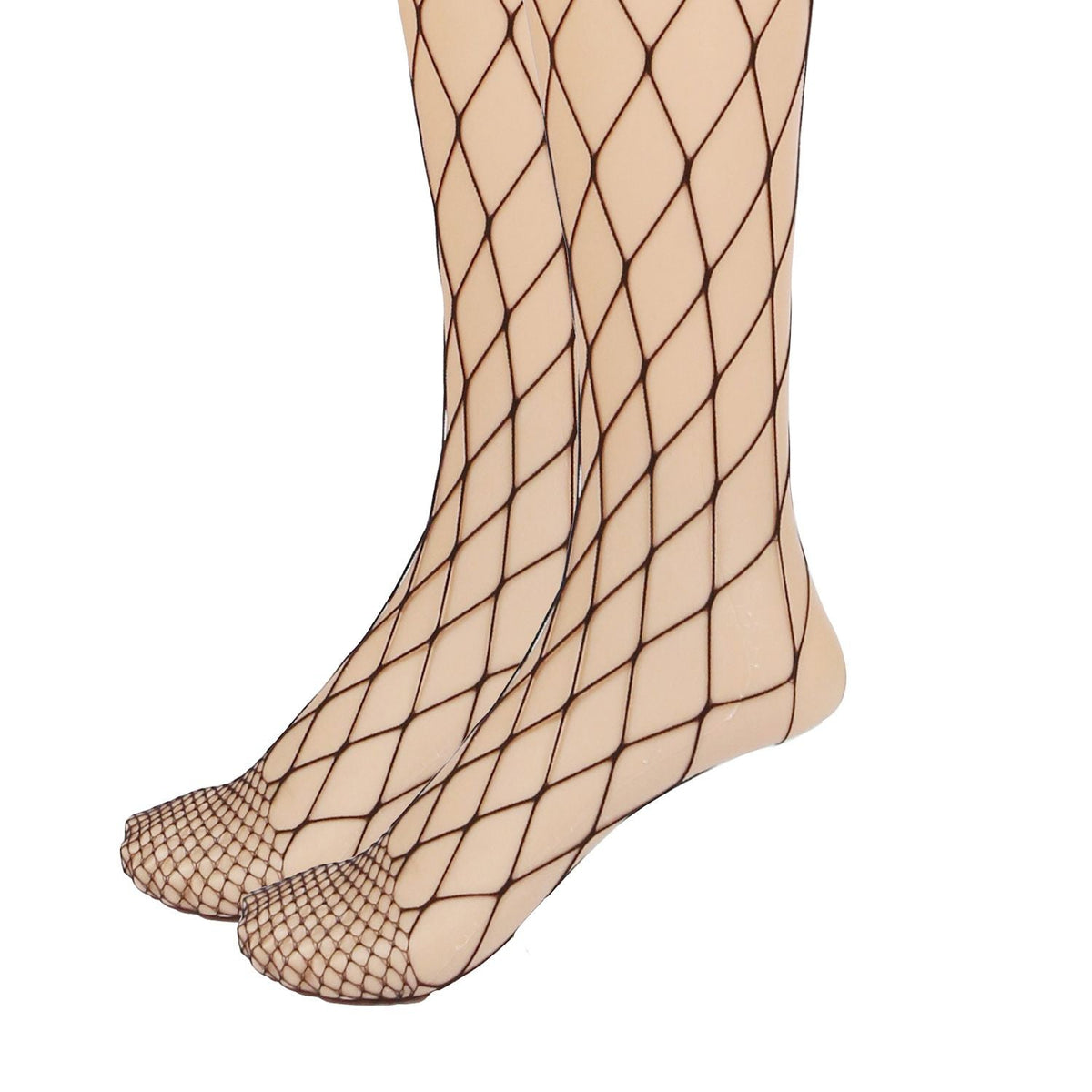 Fishnet tights with diamond lattice mesh and open sheer toe