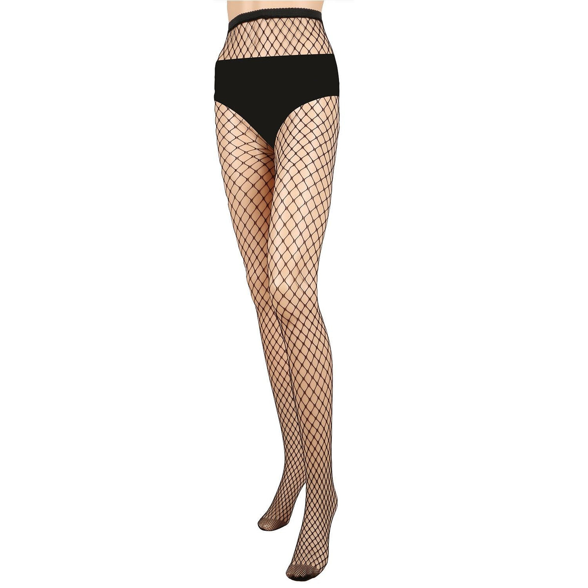 Women’s fishnet tights with black high-waist band and diamond mesh legs, sheer finish