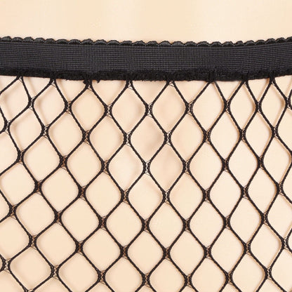 Black fishnet tights with diamond mesh pattern and scalloped top edge
