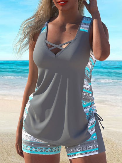 Women's Split Large Sport Conservative Style Wide Shoulder strap Tankini Swimsuit Set - Renee Lane Company