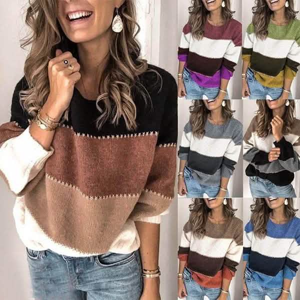 Women's Striped Patchwork Streetwear Loose Knitted Pullovers Tops - Renee Lane Company