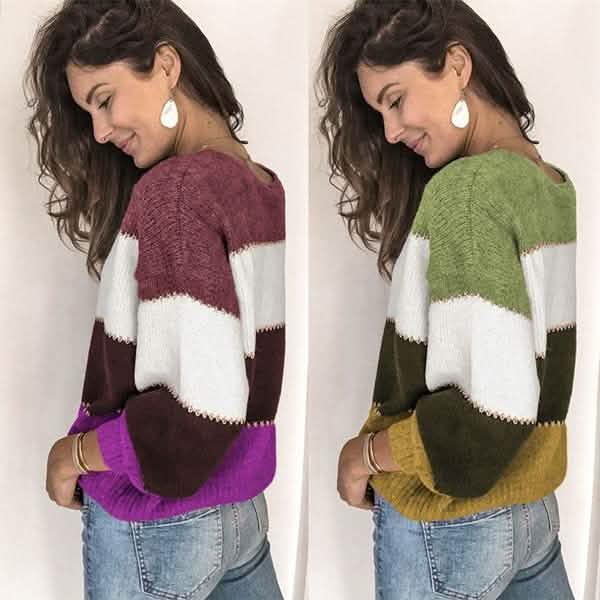 Women's Striped Patchwork Streetwear Loose Knitted Pullovers Tops - Renee Lane Company