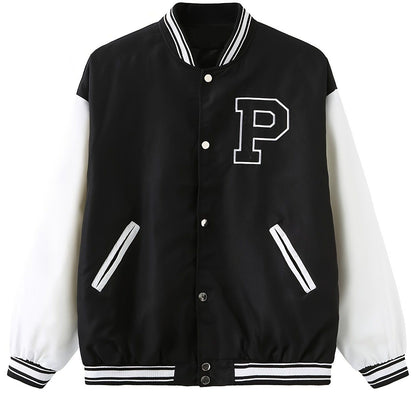 Women's Varsity Jacket Vintage Letter Print Cropped Baseball Coat 90's Fashion Streetwear Bomber Outer Coat - Renee Lane Company