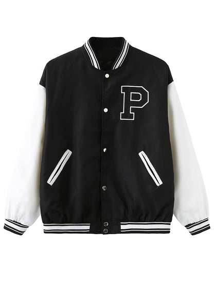 Women's Varsity Jacket Vintage Letter Print Cropped Baseball Coat 90's Fashion Streetwear Bomber Outer Coat - Renee Lane Company