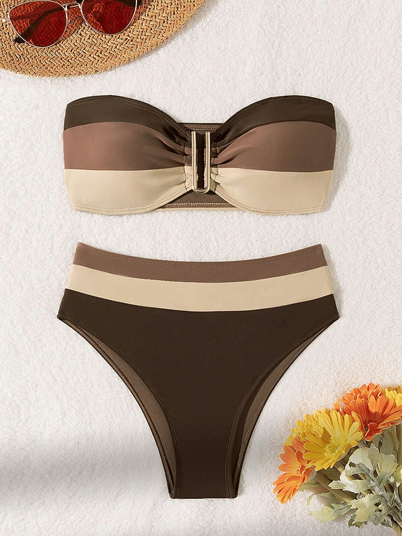 Women's two-piece coffee colored bikini swimsuit strapless fashion quick drying - Renee Lane Company