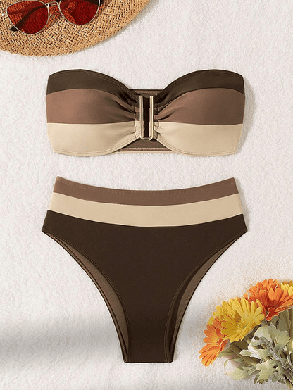Women's two-piece coffee colored bikini swimsuit strapless fashion quick drying - Renee Lane Company