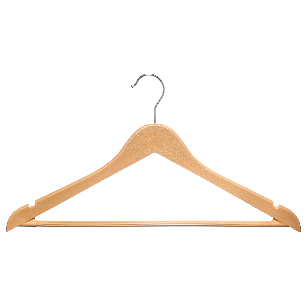 Wood Like Hanger Bowed Shaped with Trouser Bar for Suit, Coat, and Pant | Wood Finish Heavy Duty Clothes Hanger with Shoulder Notch to Hold Strappy Dresses - Renee Lane Company
