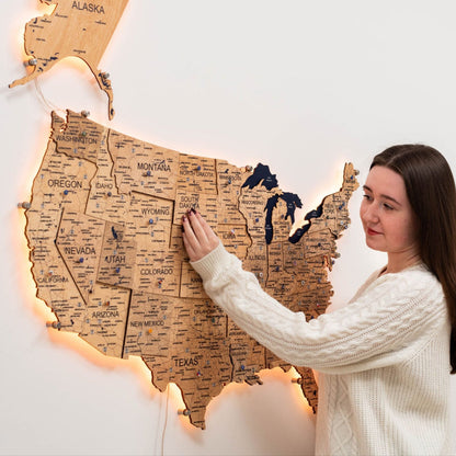 Wooden 3d LED Map of USA - Gold - Renee Lane Company
