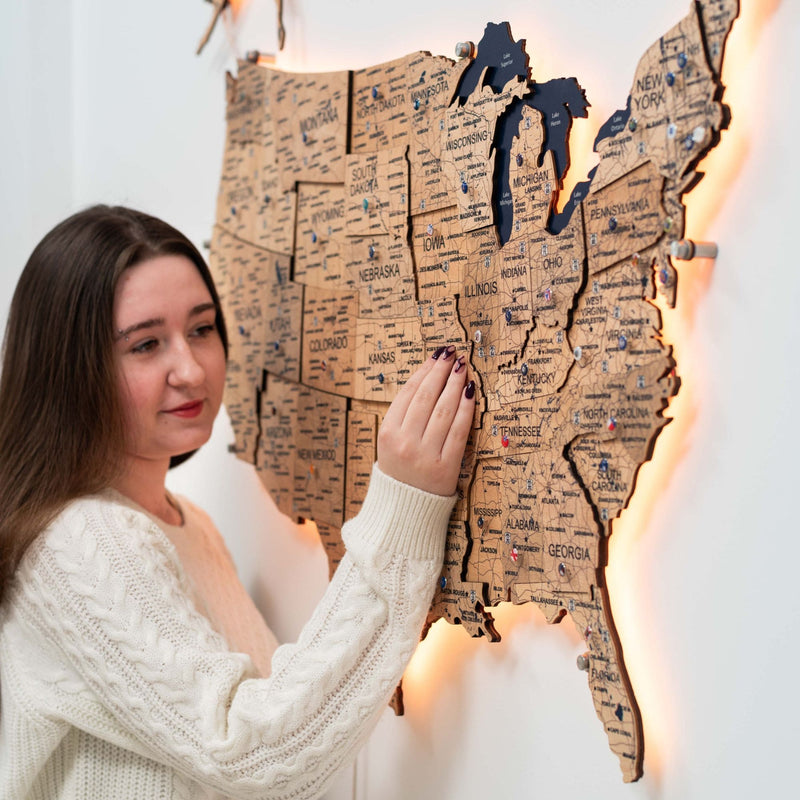 Wooden 3d LED Map of USA - Gold - Renee Lane Company