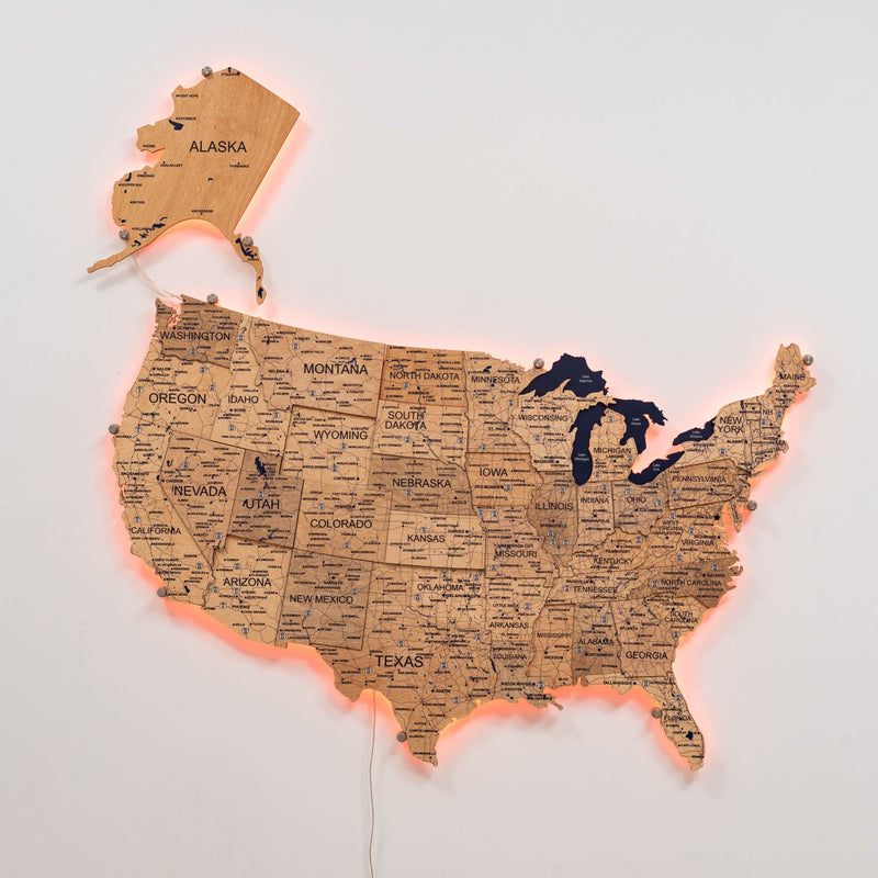 Wooden 3d LED Map of USA - Gold - Renee Lane Company