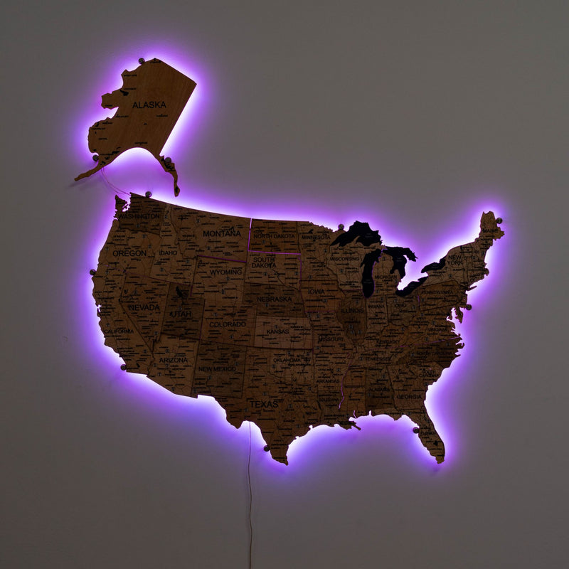 Wooden 3d LED Map of USA - Gold - Renee Lane Company