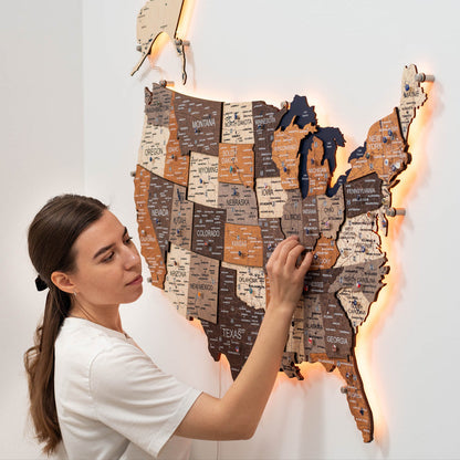 Wooden 3d LED Map of USA - Multicolor - Renee Lane Company