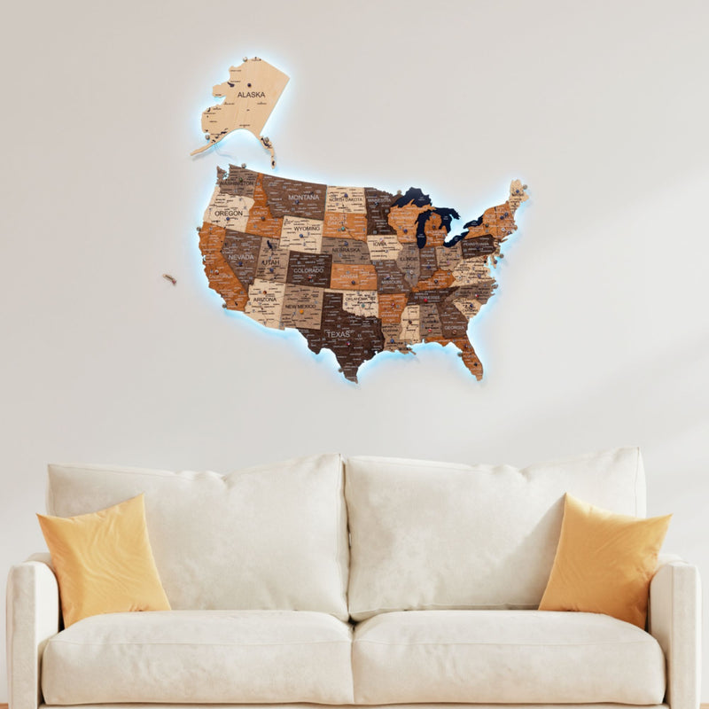 Wooden 3d LED Map of USA - Multicolor - Renee Lane Company