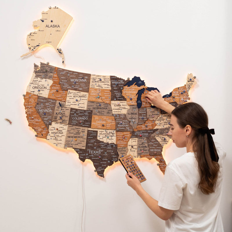 Wooden 3d LED Map of USA - Multicolor - Renee Lane Company