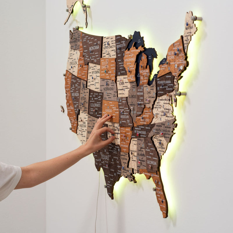 Wooden 3d LED Map of USA - Multicolor - Renee Lane Company