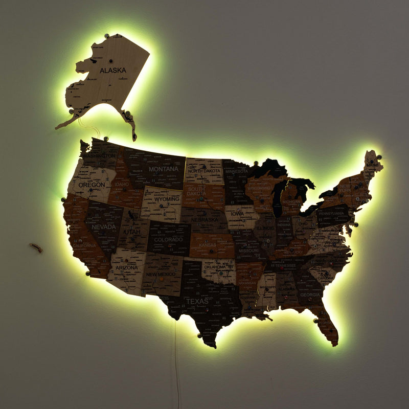 Wooden 3d LED Map of USA - Multicolor - Renee Lane Company