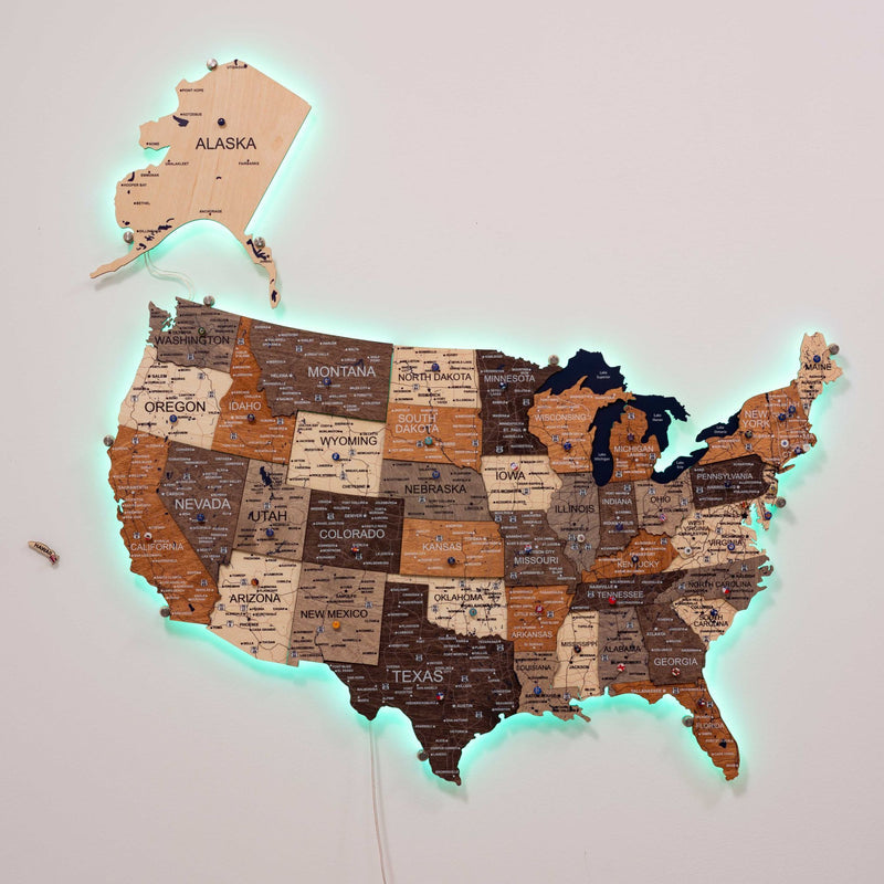 Wooden 3d LED Map of USA - Multicolor - Renee Lane Company