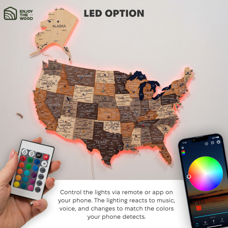 Wooden 3d LED Map of USA - Multicolor - Renee Lane Company