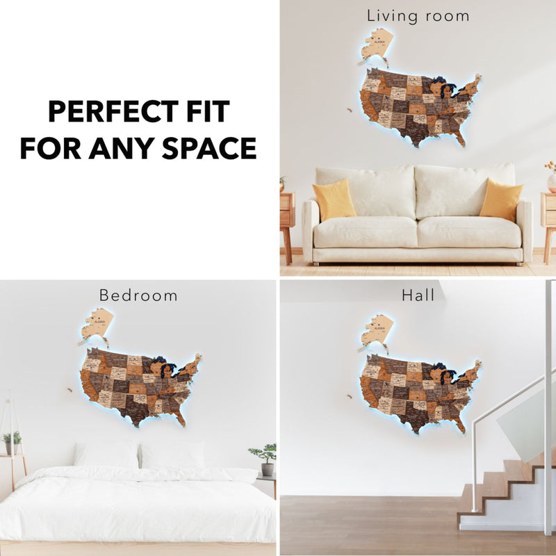 Wooden 3d LED Map of USA - Multicolor - Renee Lane Company