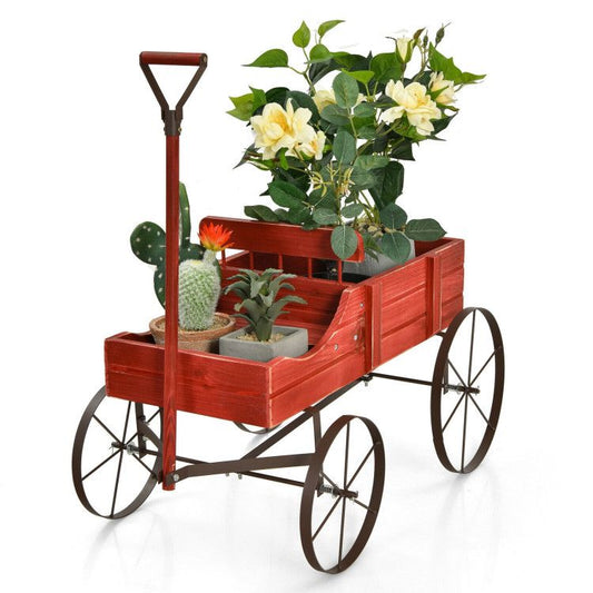 Wooden Wagon Plant Bed with Metal Wheels for Garden Yard Patio - Renee Lane Company