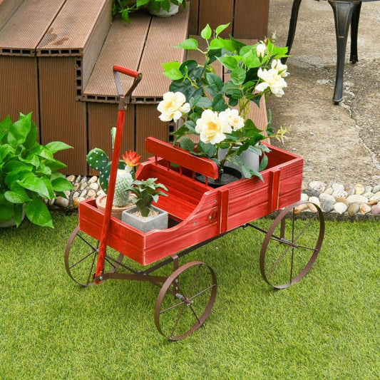 Wooden Wagon Plant Bed with Metal Wheels for Garden Yard Patio - Renee Lane Company