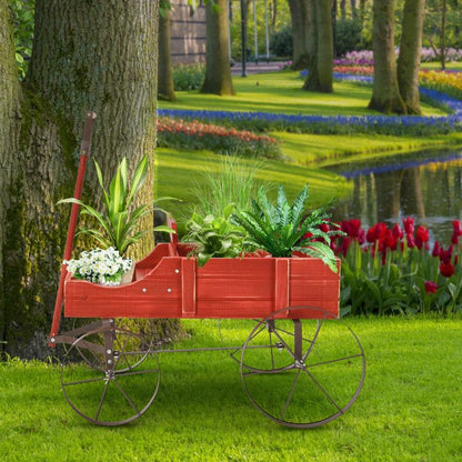 Wooden Wagon Plant Bed with Metal Wheels for Garden Yard Patio - Renee Lane Company